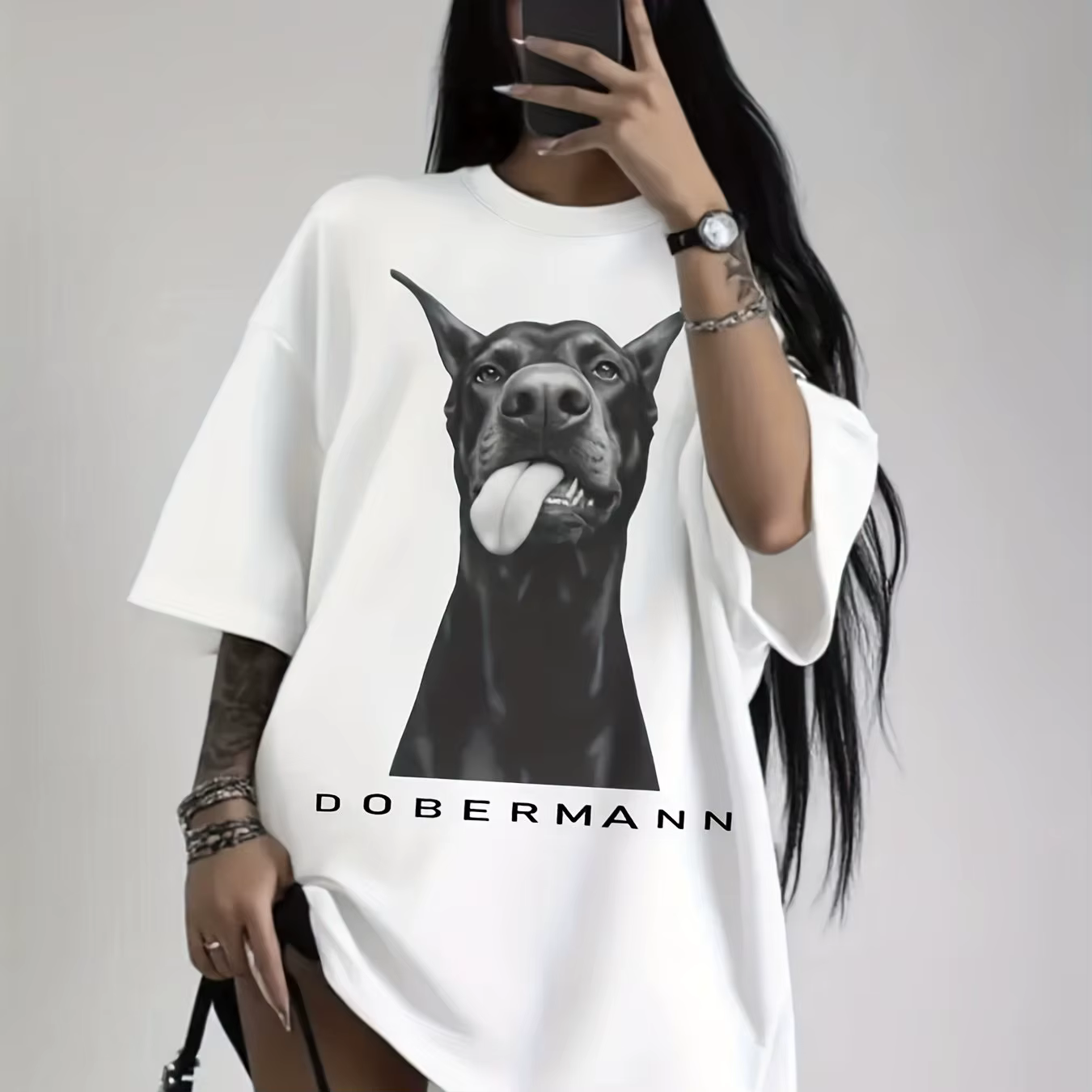 T-shirt graphique pour femme grande taille avec motif de chien Dobermann - Haut décontracté à manche