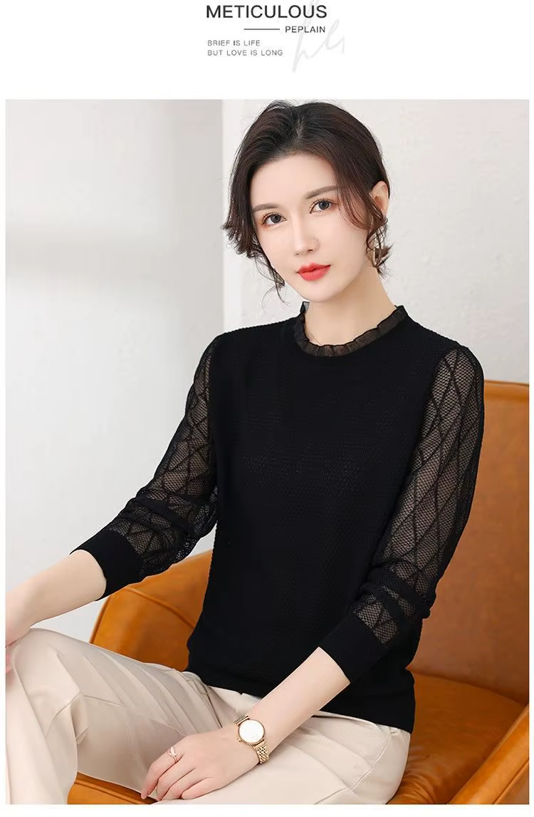 T-shirt à manches longues pour femmes, vêtements de printemps et d'automne, haut à Base de dentelle 