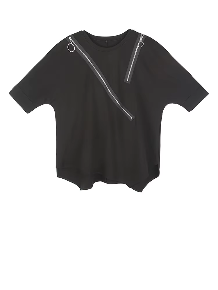EAM femmes noir asymétrique Sittch grande taille T-shirt nouveau col rond à manches longues mode mar