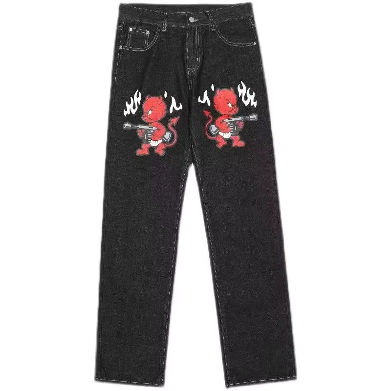 Jean baggy en denim tendance streetwear, série rose, avec patch étoile à cinq branches, coupe droite