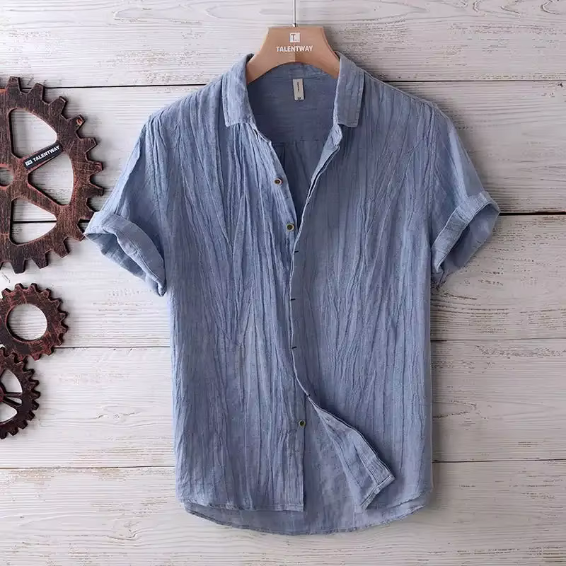 Chemise en lin à manches courtes pour homme, style japonais rétro tendance, couleur unie, légère et 
