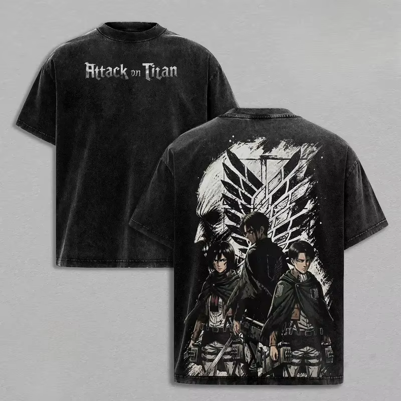 T-shirt imprimé Attack On Titan Levi Eren Mikasa pour hommes et femmes, t-shirts en coton lavé, t-sh