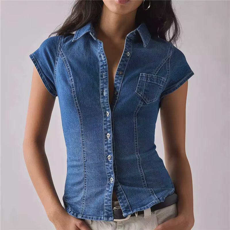 Chemise en jean slim pour femme, manches courtes, boutonnée, col chemise, avec poche poitrine, style
