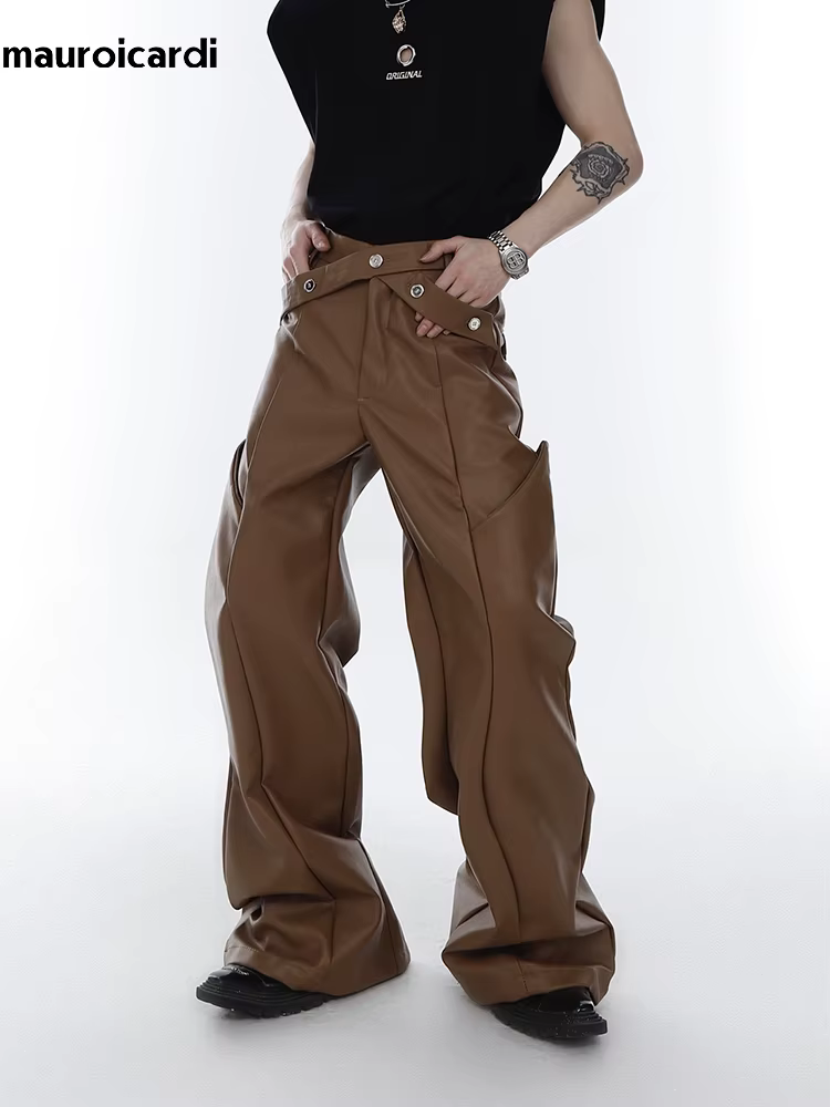 Mauroicardi printemps automne longue ample décontracté marron noir Pu cuir pantalon hommes de luxe v
