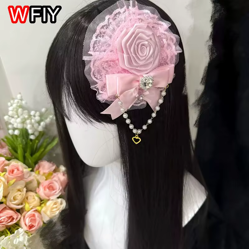 Pince à cheveux pour femme rose vif style Mars, avec perle et nœud Gyaru japonais, accessoire de coi