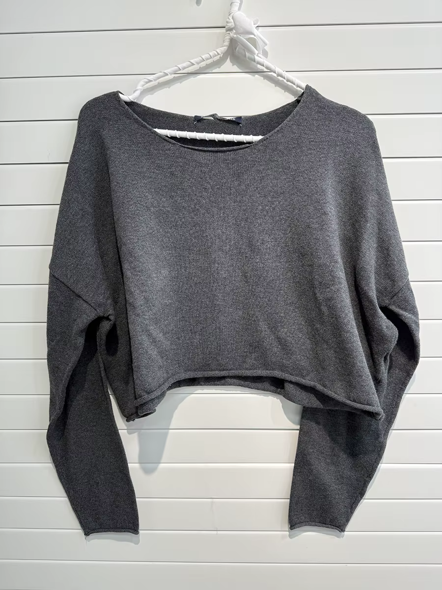 Pull court Vintage à ourlet brut pour femme, ample, col rond, manches longues, surdimensionné, décon