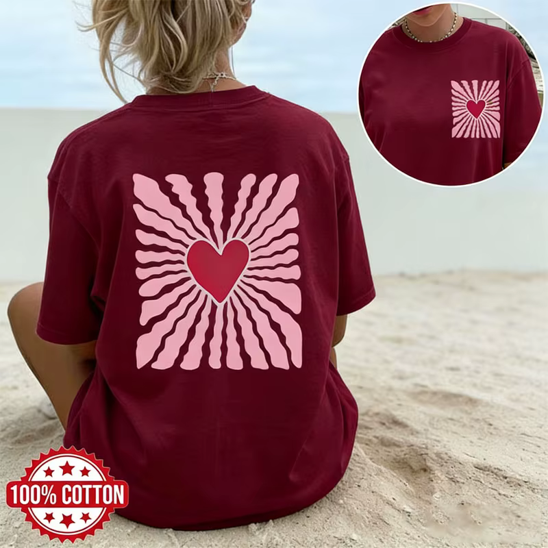 T-shirt en coton pour femme, décontracté, à manches courtes, avec motif en forme de cœur, pour l'été