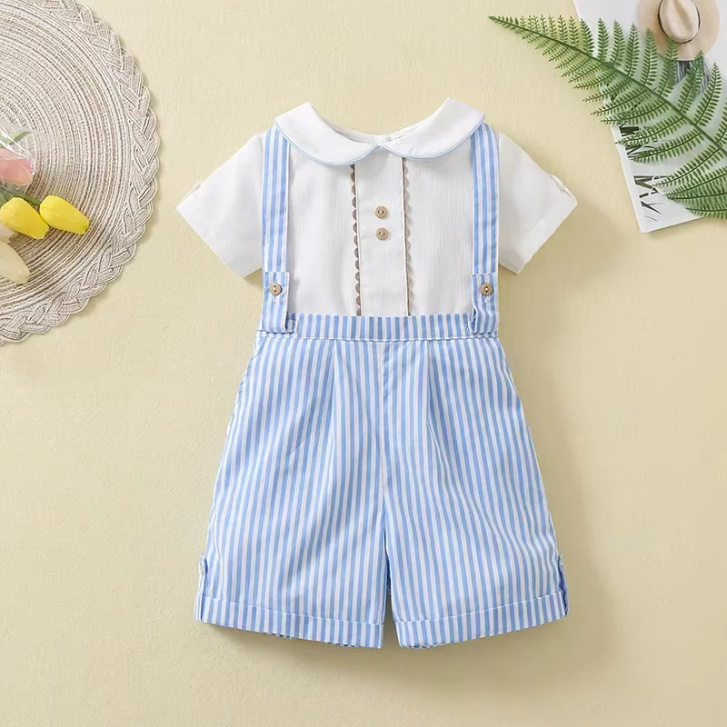 Ensemble 2 pièces pour garçons espagnols : chemise blanche à manches courtes et short à carreaux – T