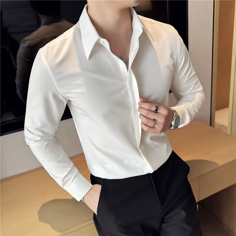 Chemise à manches longues pour homme, style business décontracté, coupe ajustée, couleur unie, chemi