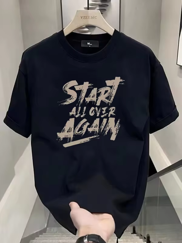 T-shirt décontracté pour homme MarsMax avec imprimé lettres 'Start All Over Again', haut streetwear 