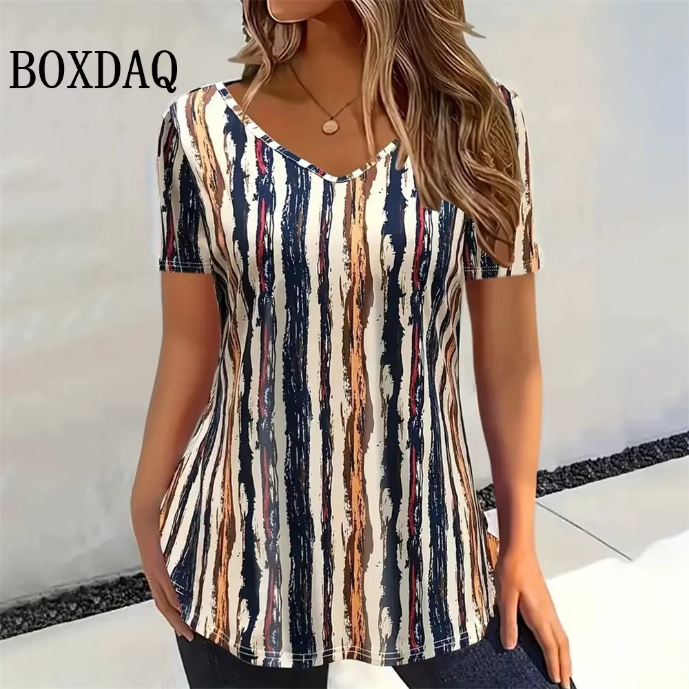 T-shirt d'été à manches courtes et col en v pour femme, haut Vintage, imprimé graphique géométrique,