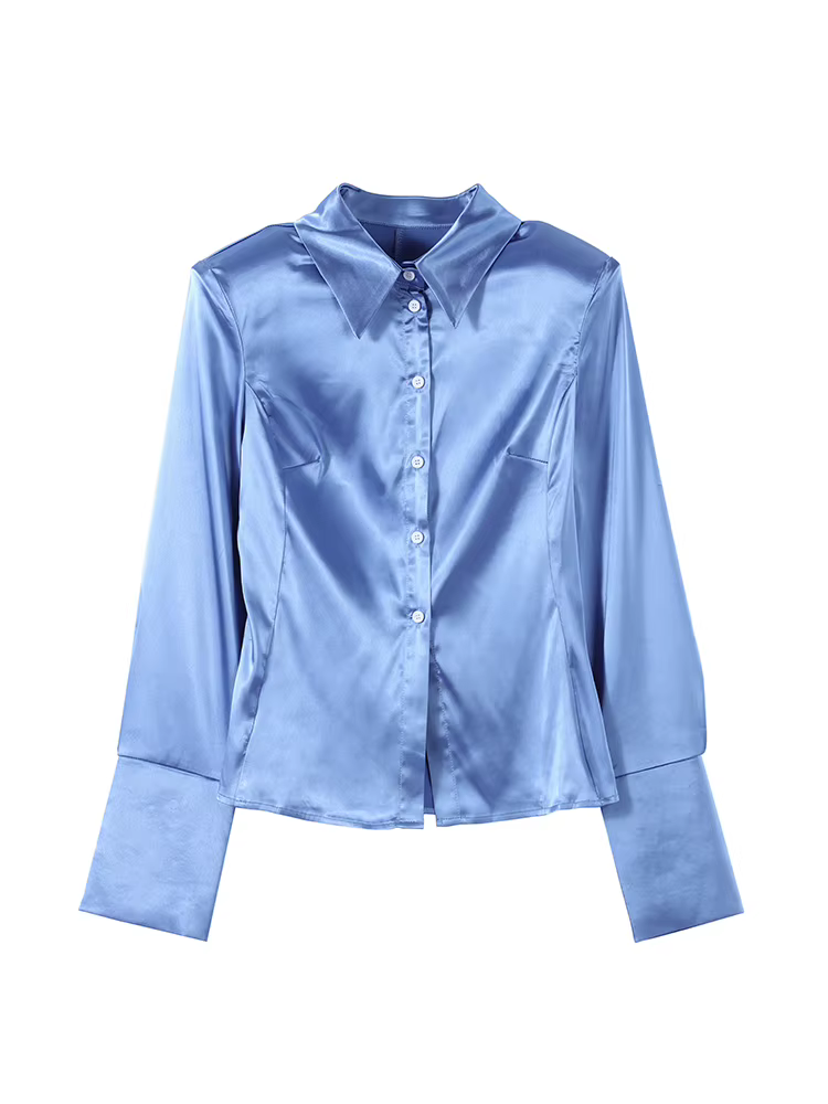 Chemisiers en satin pour femmes à revers, cintrés à la taille, à simple boutonnage, à manches longue