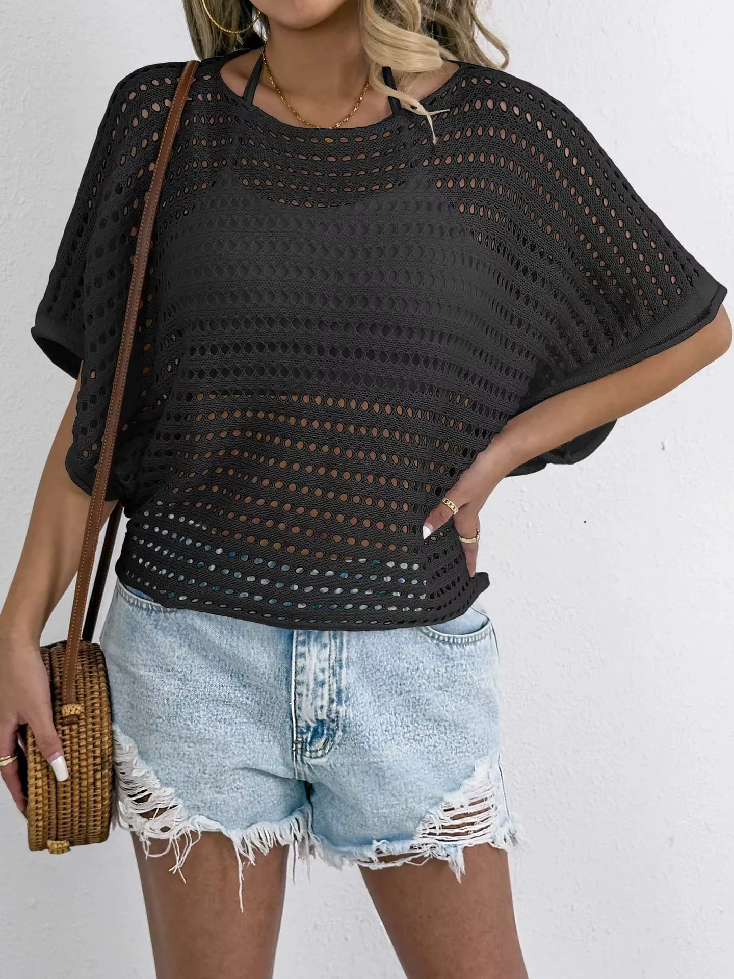 T-shirt décontracté pour femme à manches chauve-souris, tissé à la machine, ajouré, asymétrique, en 