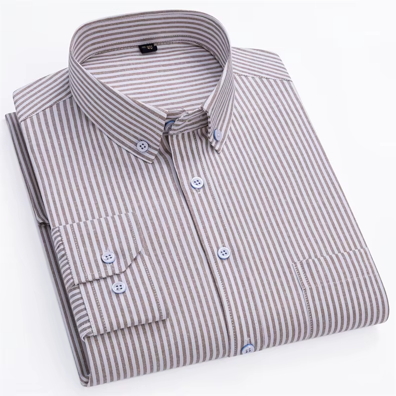 Nouvelle Chemise Oxford Homme Tendance à Manches Longues en Coton Rayé Fin et Doux Coupe Classique F