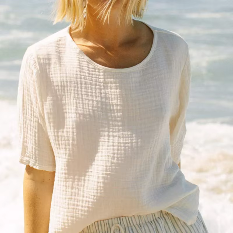 T-shirt à Manches Courtes et Col Rond pour Femme, en Mousseline, 100% Coton, Gaze, Décontracté, Chic