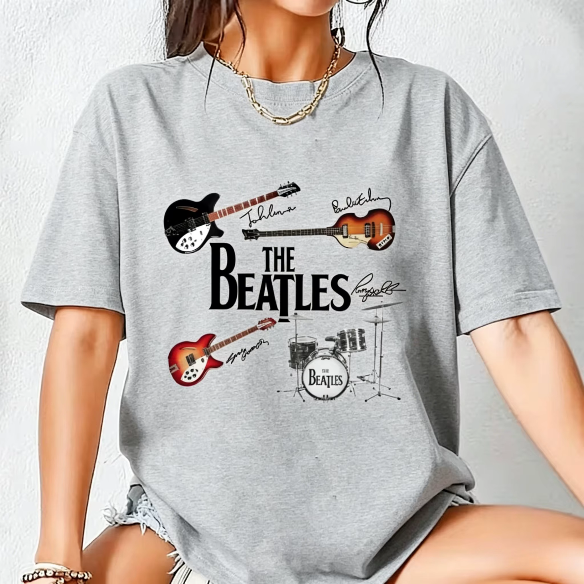 T-shirt avec logo et signature des Beatles, T-shirt rétro rock des années 90 des Beatles, T-shirt st
