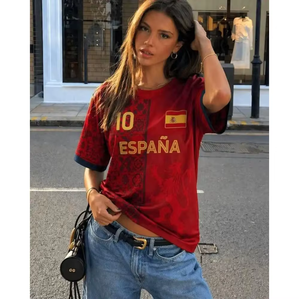 Nouveau T-shirt de supporter de football pour femme, col rond, manches courtes, respirant, séchage r