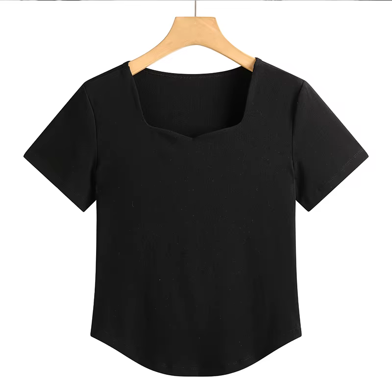 T-Shirt manches courtes col carré pour femmes, couleur unie, en coton, coupe cintrée, respirant, pur
