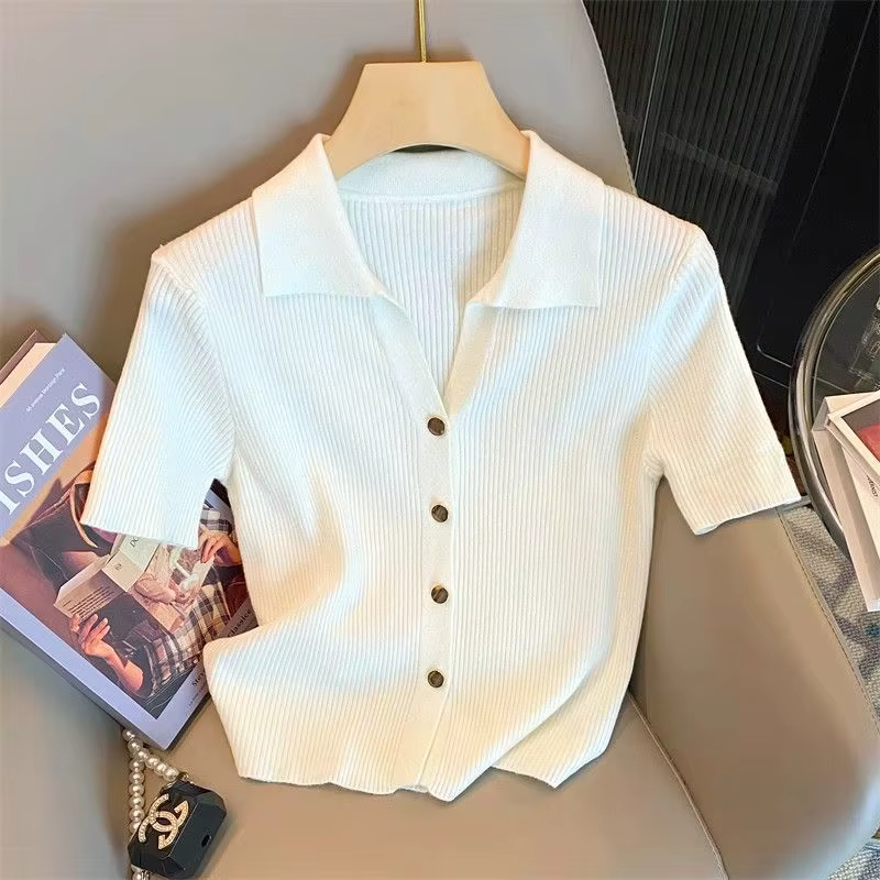 Polo tricoté pour femmes, Cardigan d'été, T-Shirt à manches courtes, décontracté, mode, hauts à manc