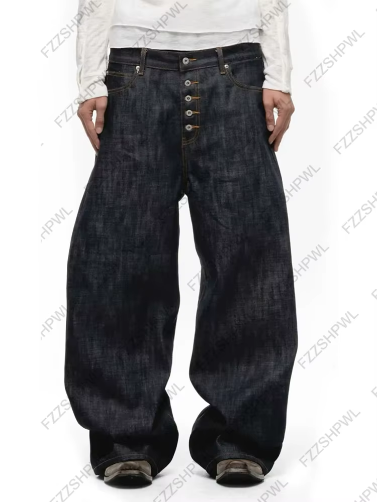 Nouveaux jeans à jambes larges pour hommes, avec décorations de boutons dans un style de rue de coul