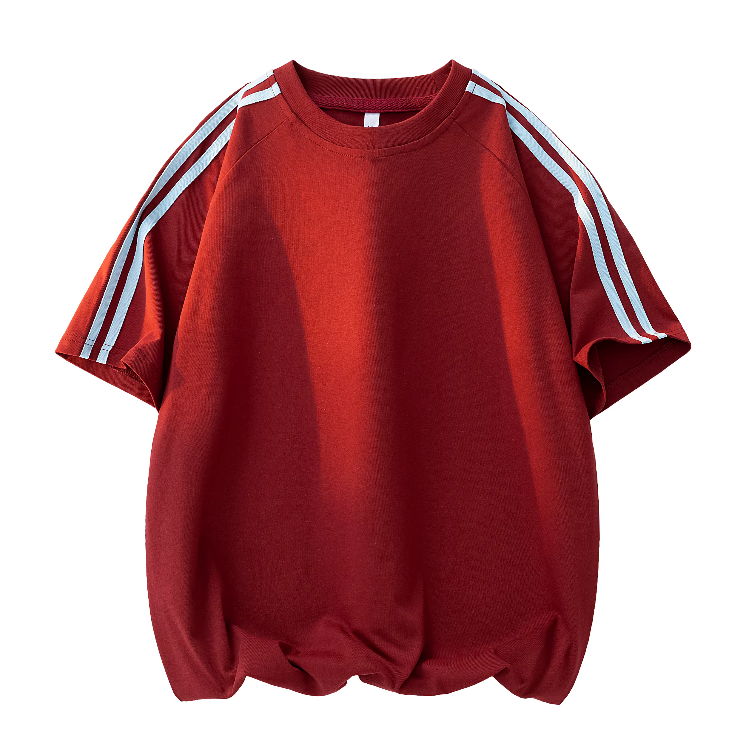 T-shirt rouge vintage pour homme avec doubles rayures sur les manches, coupe ample et oversize, col 