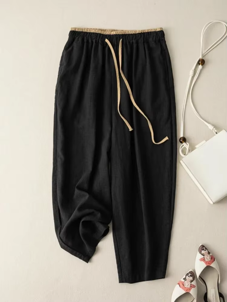Pantalon Harem d'été en Coton et Lin, Ample et Décontracté, Style Rétro, Taille Élastique avec Cordo