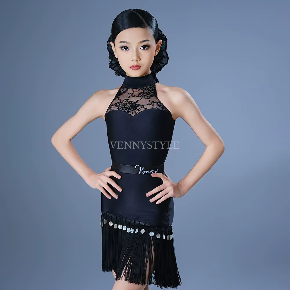 Vennystyle Vêtements de danse latine Haut en dentelle avec paillettes et jupe à franges, tenue d'ent