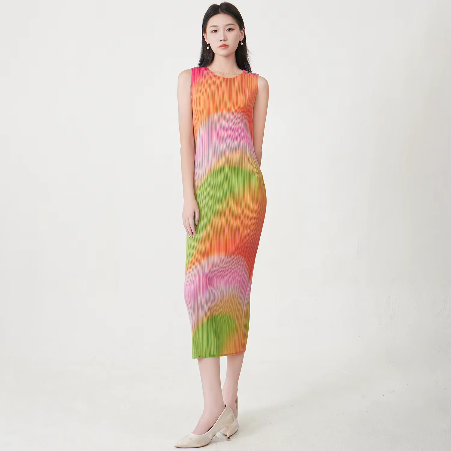 Robe plissée pour femmes, vente en gros, Design sens, imprimé extensible, robe droite, dégradé de co