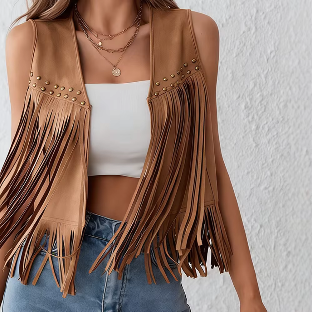 Gilet à franges pour femmes, en daim, style années 70, veste hippie sans manches, cardigan ouvert, v