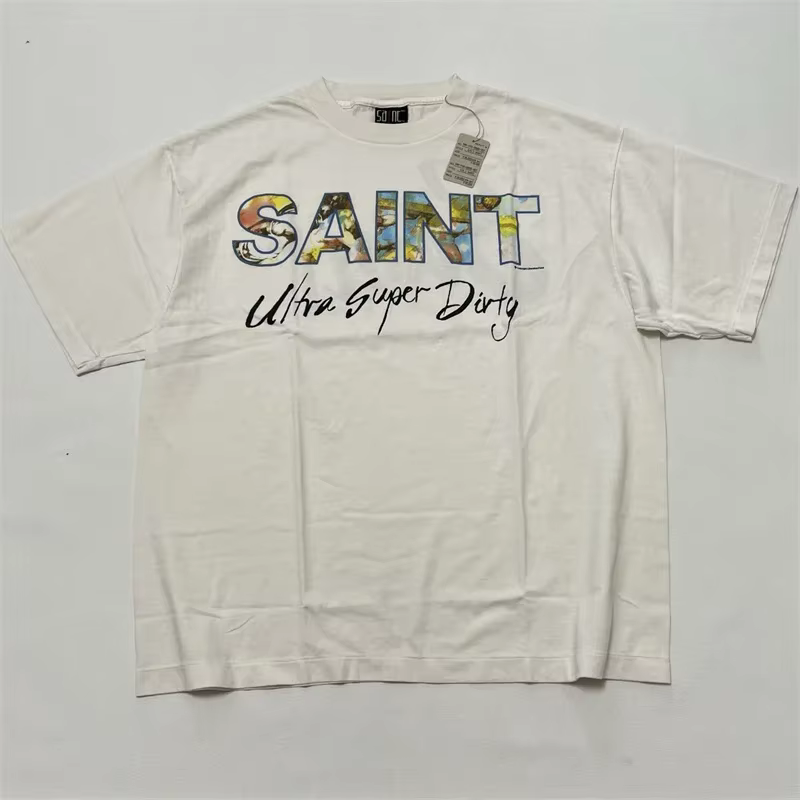 T-shirt surdimensionné noir délavé SAINT MICHAEL pour hommes et femmes, impression de portrait de la