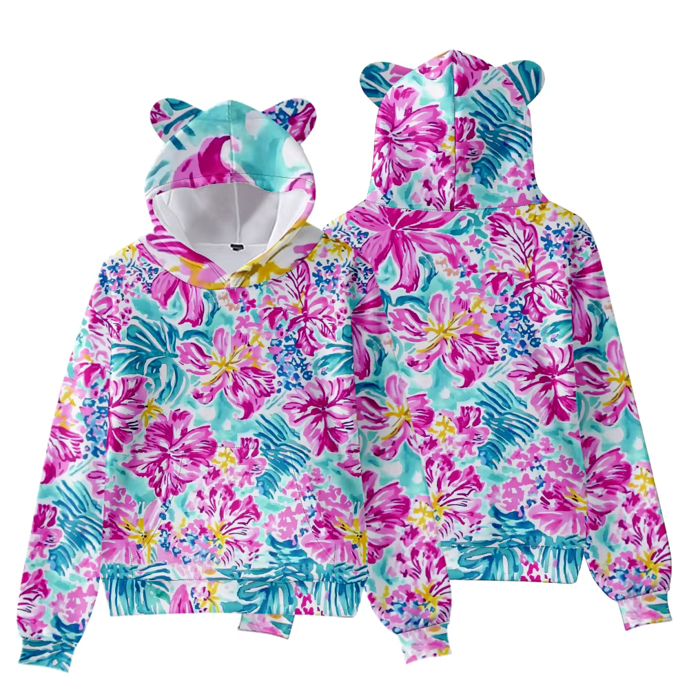 Sweat à capuche avec oreilles de chat pour femmes, imprimé Floral coloré en 3D, Design d'oiseau Kawa