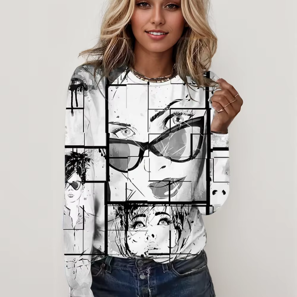 T-shirt graphique à manches longues et col rond pour femmes, haut décontracté pour femme, pull éléga