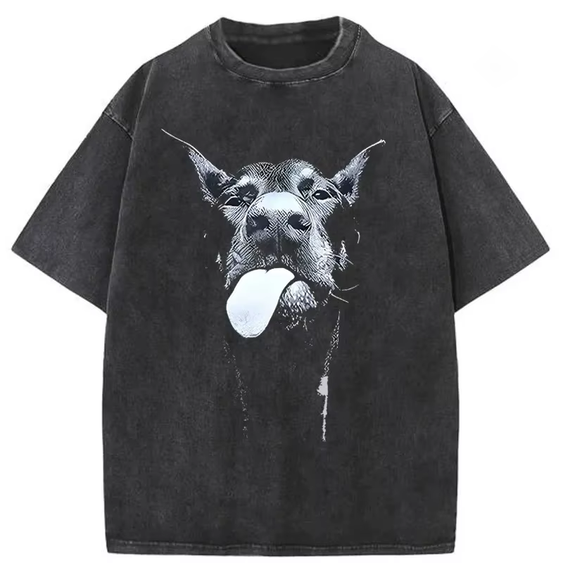 T-shirt à imprimé graphique amusant Doberman Pinscher pour hommes et femmes, col rond en coton délav