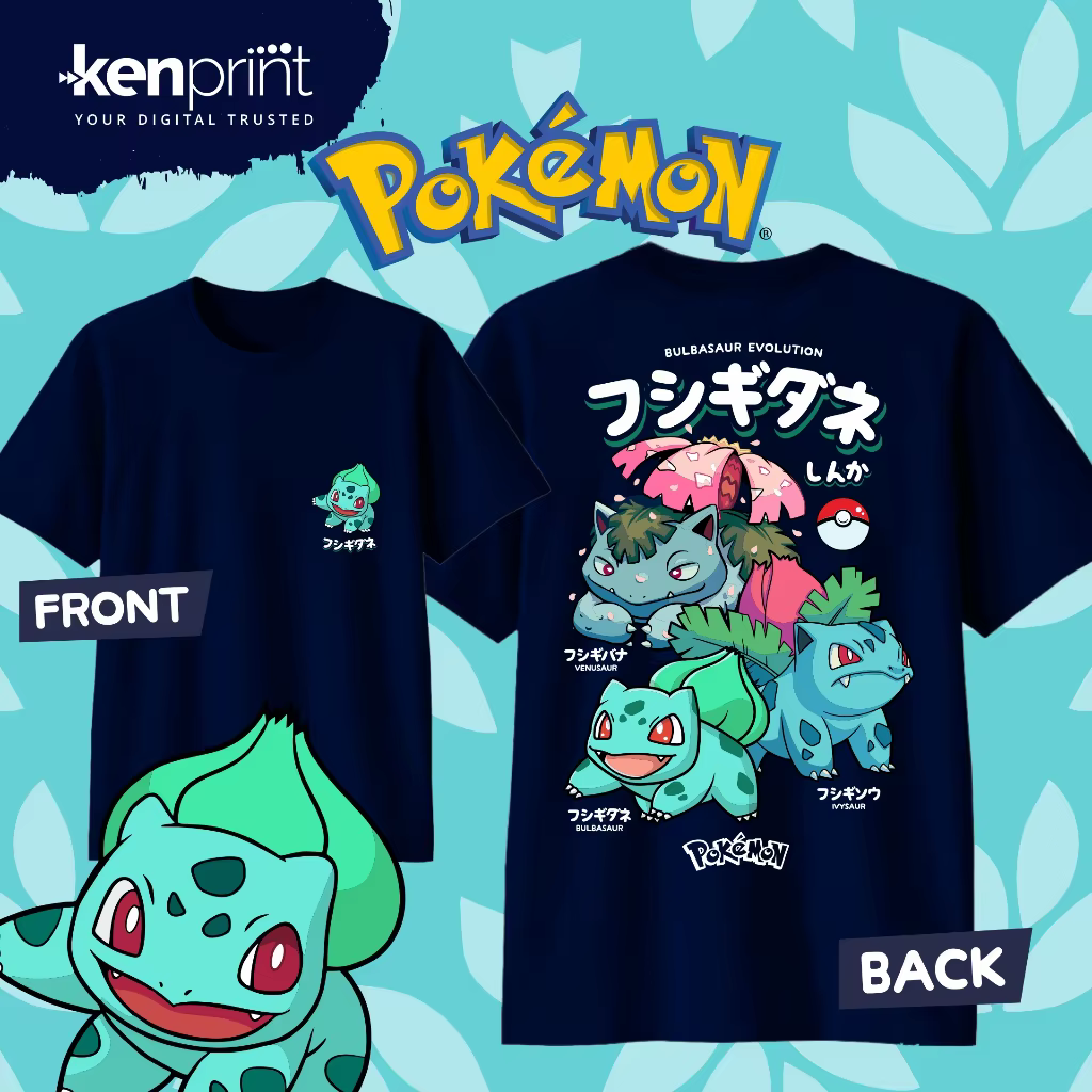 T-shirt en coton à thème Anime Pokémon Bulbasaur Evolution, vêtements d'été pour hommes et femmes, v