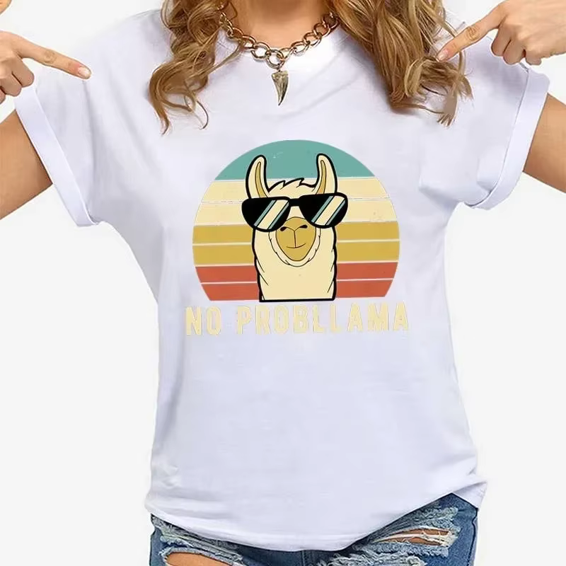 Design T-shirt femme décontracté col rond manches courtes drôle lama graphique imprimé T-shirt mode 