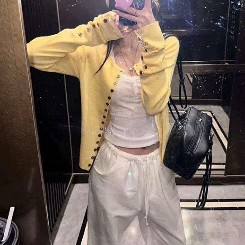 GraceHer Chic Simple boutonnage dessus de couleur unie femmes Simple polyvalent Design de mode trico