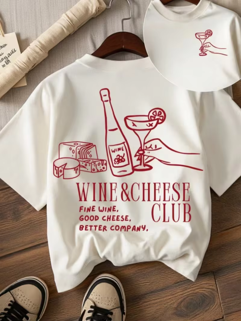 T-shirt graphique VINO Wine & Food pour femme, haut à manches courtes à col rond imprimé double face
