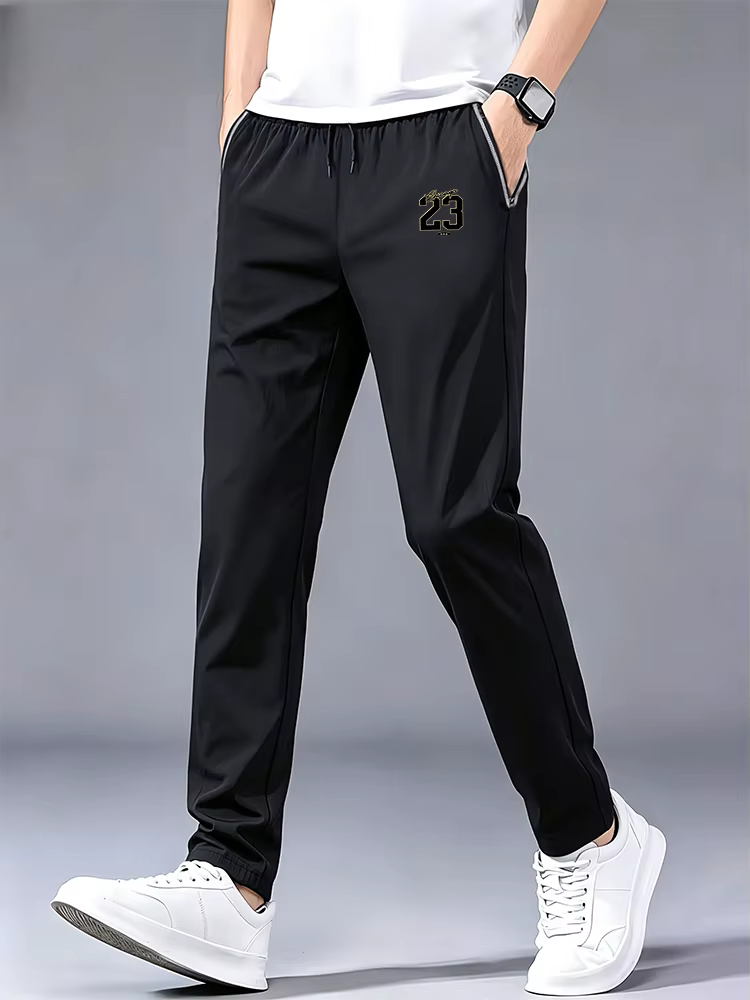 Pantalon de jogging pour homme en soie glacée à imprimé doré, avec cordon de serrage, taille élastiq