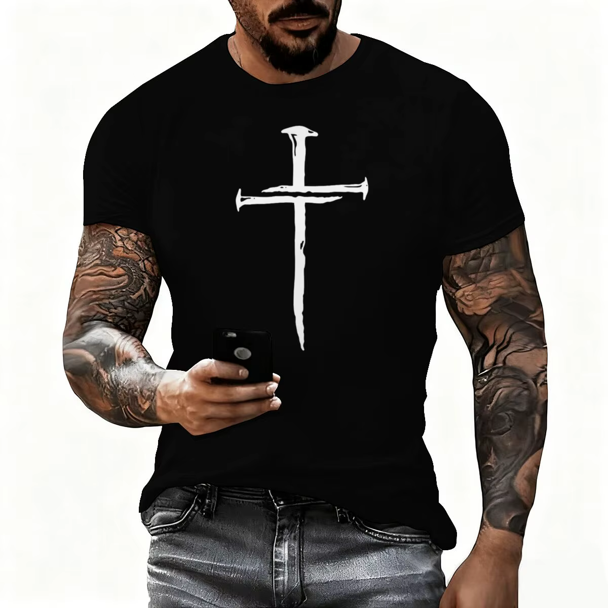 T-shirts unisexes vintage à manches courtes avec imprimé croix lumineuse Jésus, design original, sty