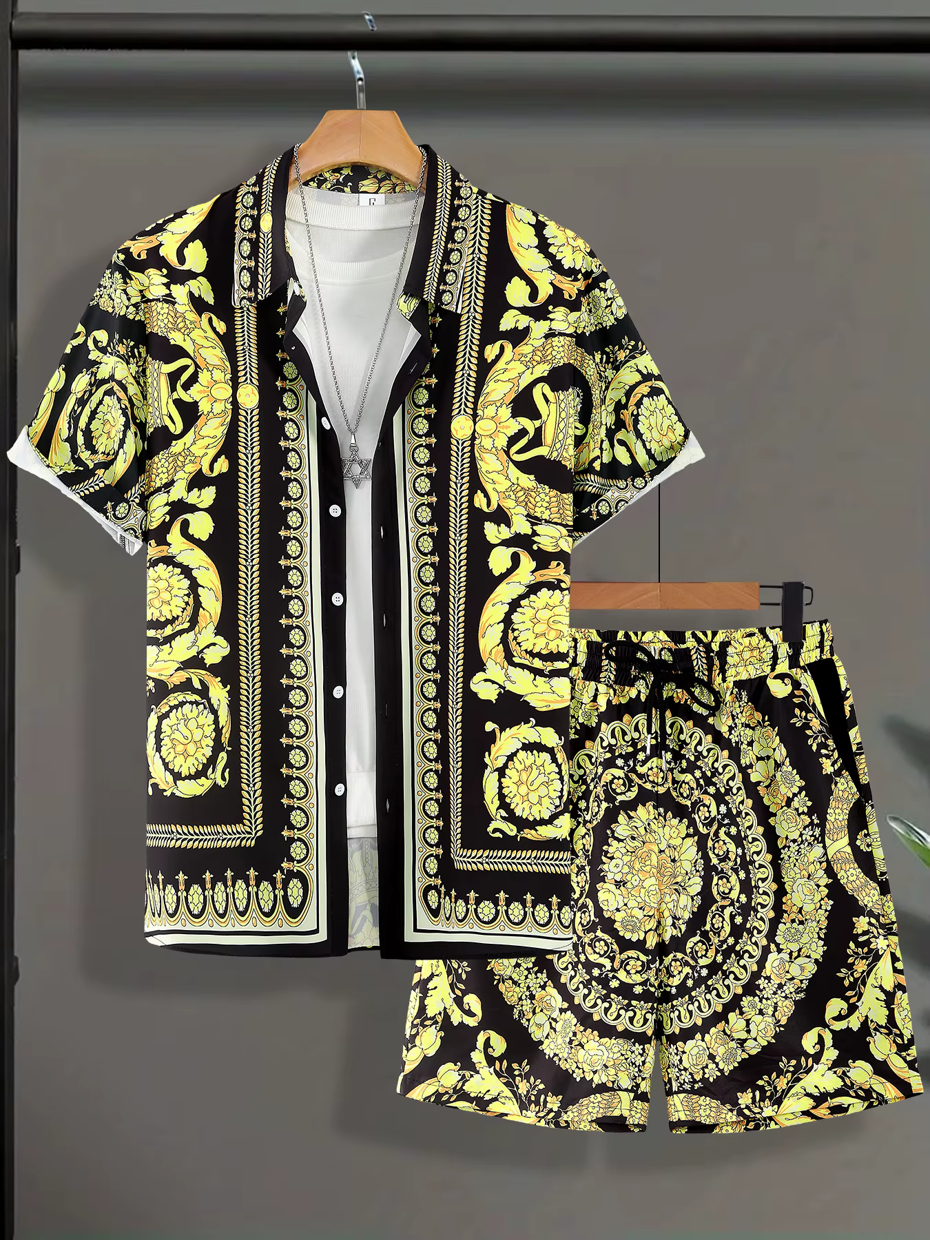 Ensemble baroque de luxe pour homme, chemise à imprimé doré ample et short décontracté, 2 pièces, st