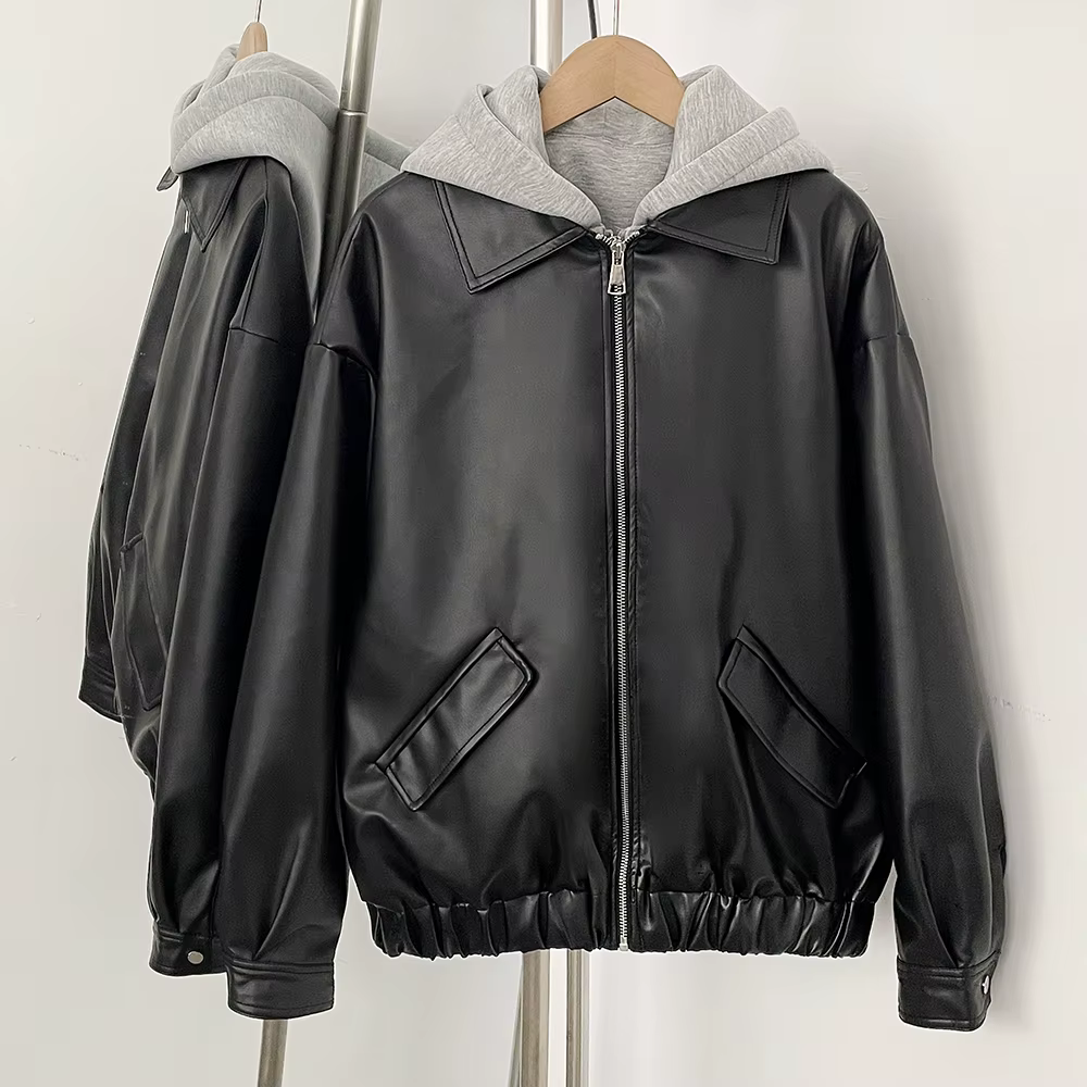 OFTBUY Nouvelle veste bomber en similicuir pour femme avec capuche amovible, design color block, fer