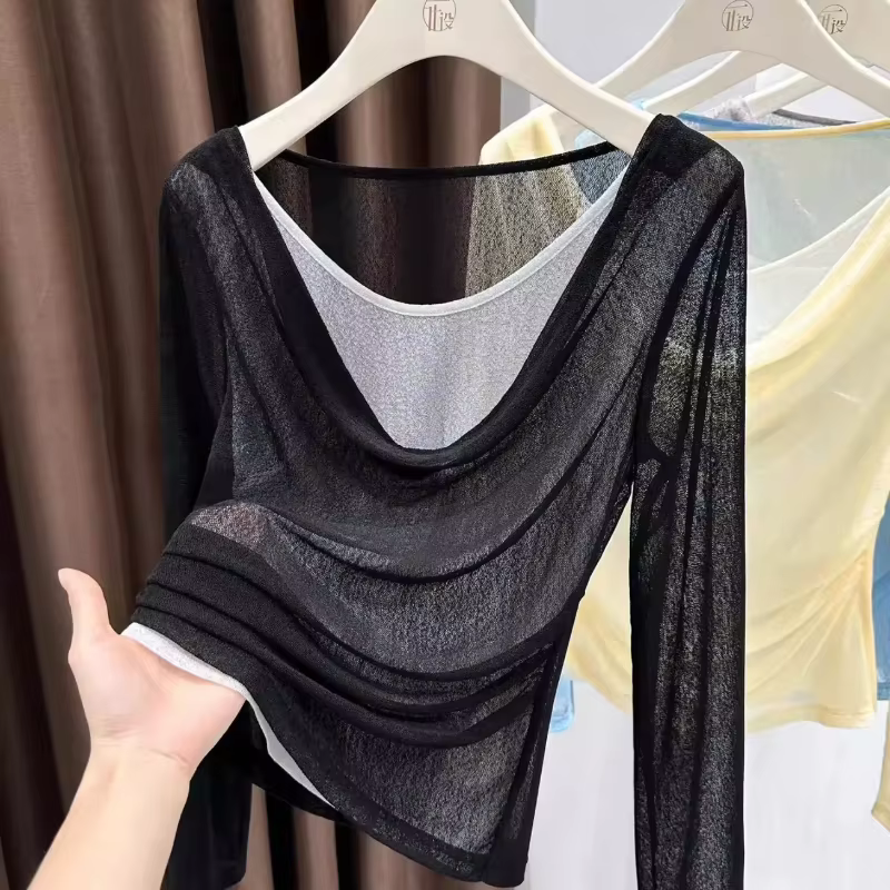T-shirt à manches longues en tulle bleu clair pour femme, coupe décontractée, haut d'été avec un des