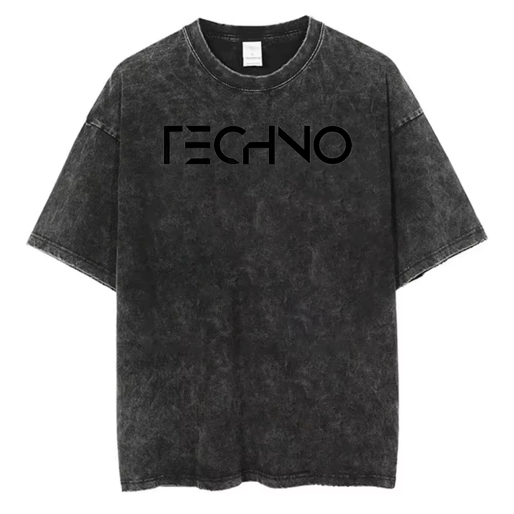 T-shirt Cool Techno à Imprimé Lettres, Coton Lavé, Manches Courtes, Style Rétro Délavé à l'Acide, Co