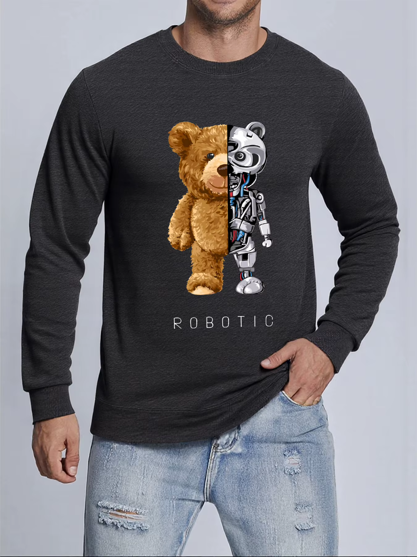 Pulls imprimés ours en peluche et robotique pour hommes, sweat-shirt décontracté, confortable, vêtem