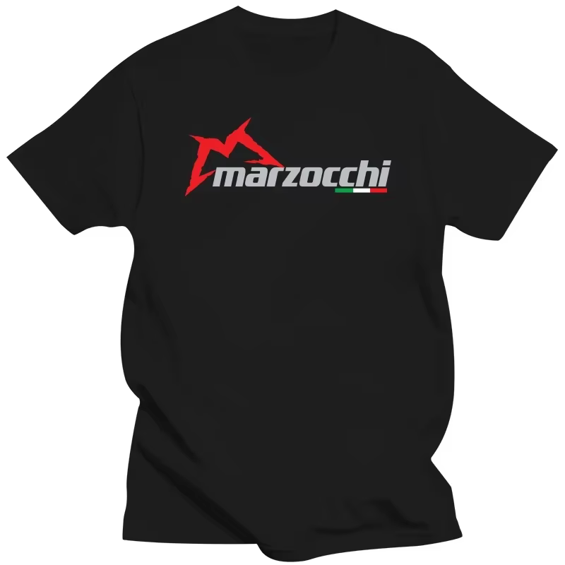 T-shirt manches courtes homme, noir, coton, humoristique, avec logo Marzocchi, fourche à suspension,