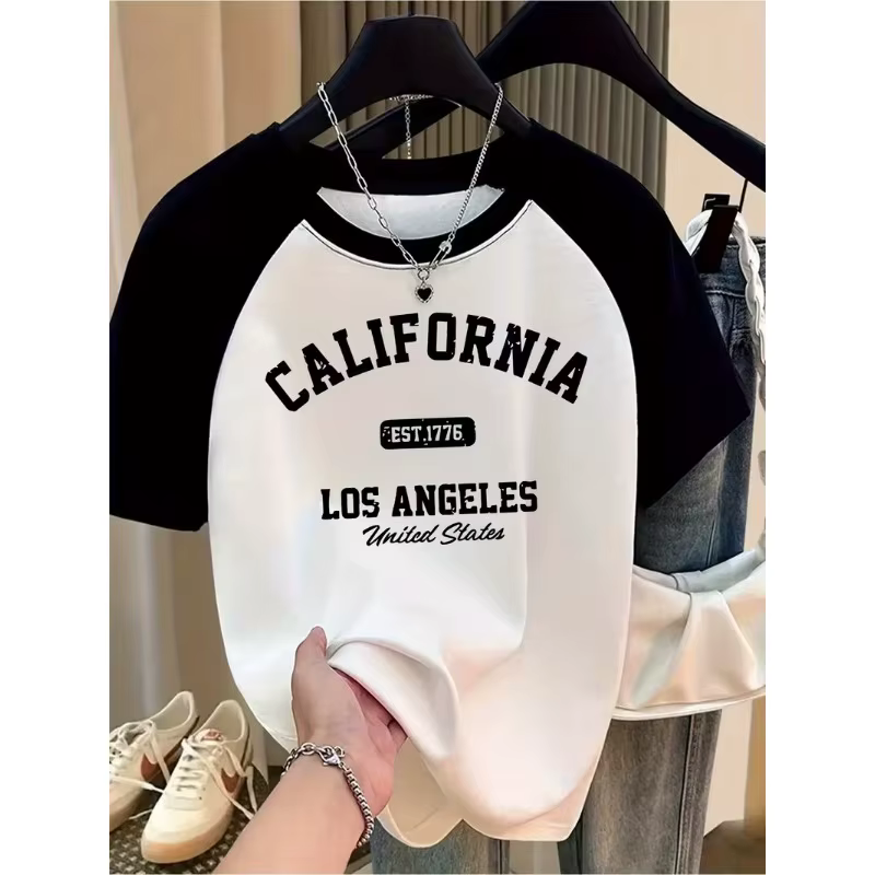 T-shirt graphique pour femme avec motif de cœur, EST 1776 LOS ANGELES États-Unis, imprimé décontract