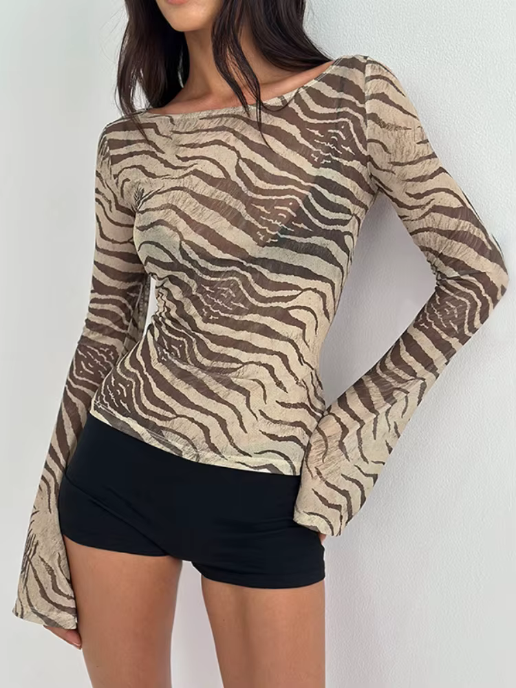 T-shirts imprimés léopard pour femmes, Streetwear à manches longues, haut Y2k transparent en maille,