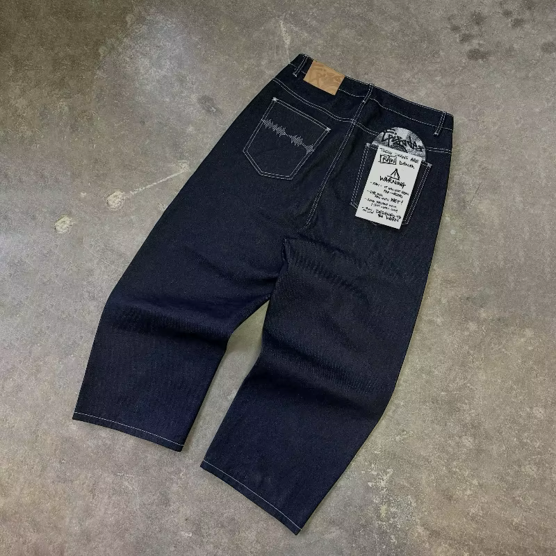 Jeans gothiques noirs tendance hip-hop, pantalon large brodé de disques pour hommes et femmes, jeans
