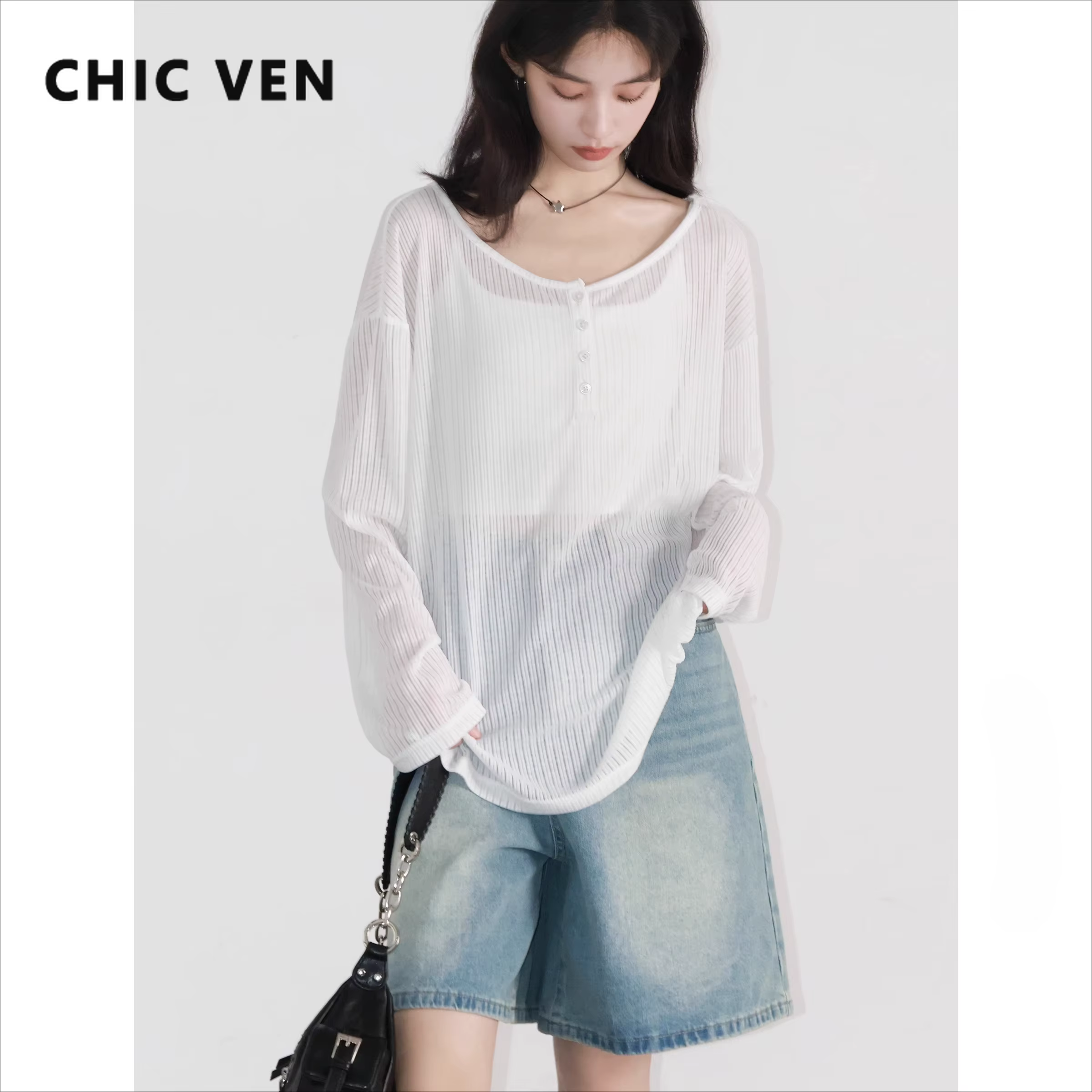 CHIC VEN femmes T-Shirts décontracté ample nouveau légèrement Transparent col rond femme haut mince 