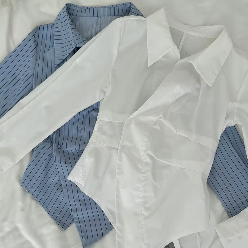 Chemises rayées élégantes pour femmes, chemisiers blancs irréguliers Vintage pour dames, manches lon